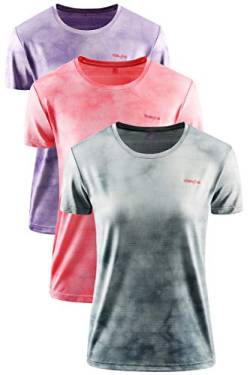 Damen Sport T-Shirt 3er Pack Funktionsshirt Laufshirt Fitness Shirt Trainingsshirt Kurzarm Rundhals Atmungsaktiv Schnelltrocknendes für Running Workout Gym (Gray+red+Violet, L) von YAWHO