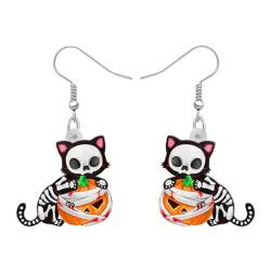 YAYAKO Cute Schwarze Katze Ohrringe Baumeln Acryl Halloween Spooky Saison Schmuck Kürbis Dekor für Frauen Mädchen Kätzchen Charms (Totenkopf Katze) von YAYAKO