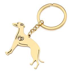 YAYAKO Edelstahl Hund Schlüsselanhänger Brieftasche Autoschlüssel Schmuck Haustiere Hundeliebhaber Geschenke für Frauen Mädchen Hund Schlüsselanhänger (Whippet Vergoldet) von YAYAKO