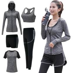 YAZHED 5Stück Workout Moden Outfits Frauen Yoga Fitnessraum Sport Langarm Sweatshirts Jogger Schlank Fitness Laufend Fitnessraum Jogger Sets von YAZHED