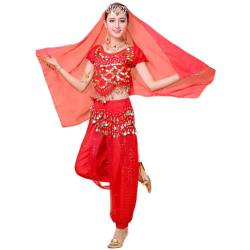 YAZHED Damen Bauchtanz Kostüm Set 5-teilig Pailletten Tanzkleidung Indische Tanz Performance-Kleidung Halloween Karneval Tanzende Professionel Kostüm von YAZHED