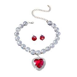 YAZILIND Halskette Ohrringe Set Herz Strass Frauen Schmuck Geschenk Valentinstag Party Hochzeit Elegantes Schlüsselbein Kleid Verschönert (Rot) von YAZILIND