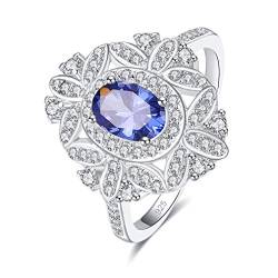 YAZILIND S925 Sterling Silber Ringe Bänder für Frauen Ovale Blumenform Blau Zirkonia CZ Jubiläumsversprechen Hochzeit Brautring Verlobungsschmuck 17.2 von YAZILIND