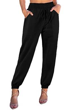 YBENLOVER Damen Baumwolle Hose High Waist Jogginghose Elastischer Bund Sommerhose mit Taschen Freizeithosen (M, Schwarz) von YBENLOVER