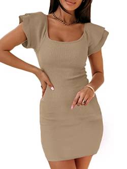 YBENLOVER Damen Bodycon Kleid Sexy Partykleid Einfarbig Minikleid Kurzarm Freizeitkleid Rüschen Abendkleid (L, Khaki) von YBENLOVER