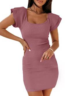 YBENLOVER Damen Bodycon Kleid Sexy Partykleid Einfarbig Minikleid Kurzarm Freizeitkleid Rüschen Abendkleid (L, Rosa) von YBENLOVER