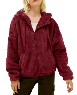 YBENLOVER Damen Fleecejacke Winter Warm Hoodies Kapuzenpullover Teddy Sweatshirt Kapuzenjacke mit Reißverschluss (S, Weinrot) von YBENLOVER