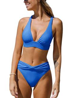 YBENLOVER Damen Halter Push Up Bikini Set Sexy V-Ausschnitt Badeanzug High Waist Bauchweg Bademode (S, Blau) von YBENLOVER
