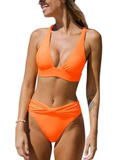 YBENLOVER Damen Halter Push Up Bikini Set Sexy V-Ausschnitt Badeanzug High Waist Bauchweg Bademode (XL, Orange) von YBENLOVER