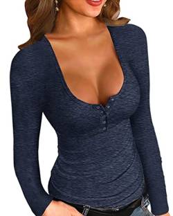 YBENLOVER Damen Henley Shirt Langarm V-Ausschnitt Tops Casual Button Down Shirts Sexy Slim Oberteile (XXL, Dunkel Blau) von YBENLOVER