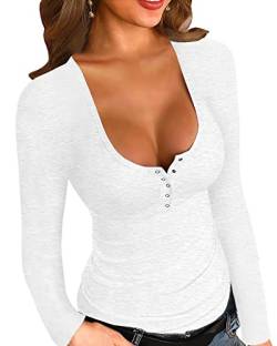 YBENLOVER Damen Henley Shirt Langarm V-Ausschnitt Tops Casual Button Down Shirts Sexy Slim Oberteile (XXL, Weiß) von YBENLOVER