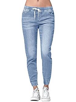 YBENLOVER Damen High Waist Jeans Straight Slim Denim Stretch Lang Jeanshosen Mit Gummizug (M, Blau) von YBENLOVER