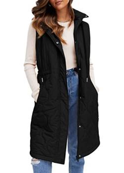 YBENLOVER Damen Lang Weste Winter Warm Steppweste Puffer Jacke mit Kapuze Outwear Coats (S, Schwarz) von YBENLOVER