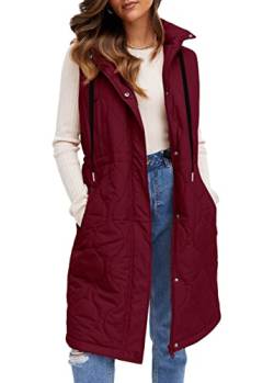 YBENLOVER Damen Lang Weste Winter Warm Steppweste Puffer Jacke mit Kapuze Outwear Coats (S, Weinrot) von YBENLOVER
