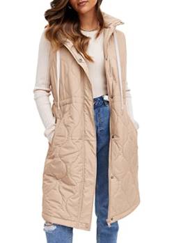 YBENLOVER Damen Lang Weste Winter Warm Steppweste Puffer Jacke mit Kapuze Outwear Coats (XXL, Khaki) von YBENLOVER