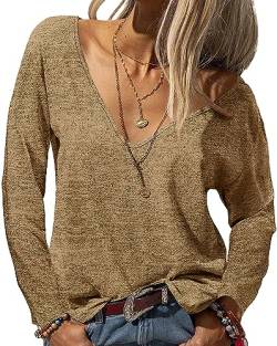 YBENLOVER Damen Langarmshirt Sexy V-Ausschnitt Tops Casual Einfabrig Shirts Langarm Oberteile (L, Khaki) von YBENLOVER