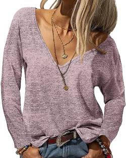 YBENLOVER Damen Langarmshirt Sexy V-Ausschnitt Tops Casual Einfabrig Shirts Langarm Oberteile (S, Rosa) von YBENLOVER