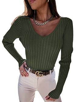 YBENLOVER Damen Langarmshirt V-Ausschnitt Sweater Casual Einfabrig Tops Warm Strickpullover Basic Oberteile (L, Armeegrün) von YBENLOVER