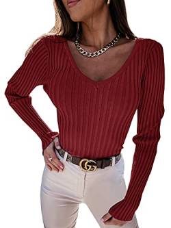 YBENLOVER Damen Langarmshirt V-Ausschnitt Sweater Casual Einfabrig Tops Warm Strickpullover Basic Oberteile (L, Weinrot) von YBENLOVER