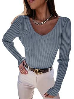 YBENLOVER Damen Langarmshirt V-Ausschnitt Sweater Casual Einfabrig Tops Warm Strickpullover Basic Oberteile (M, Grau) von YBENLOVER