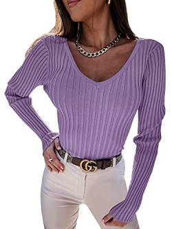 YBENLOVER Damen Langarmshirt V-Ausschnitt Sweater Casual Einfabrig Tops Warm Strickpullover Basic Oberteile (M, Lila) von YBENLOVER