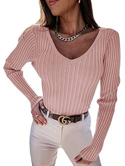 YBENLOVER Damen Langarmshirt V-Ausschnitt Sweater Casual Einfabrig Tops Warm Strickpullover Basic Oberteile (XL, Rosa) von YBENLOVER