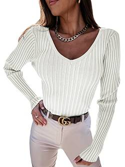 YBENLOVER Damen Langarmshirt V-Ausschnitt Sweater Casual Einfabrig Tops Warm Strickpullover Basic Oberteile (XL, Weiß) von YBENLOVER