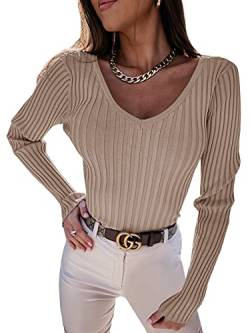 YBENLOVER Damen Langarmshirt V-Ausschnitt Sweater Casual Einfabrig Tops Warm Strickpullover Basic Oberteile (XXL, Khaki) von YBENLOVER