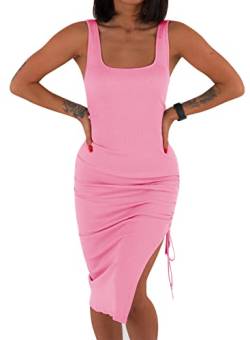 YBENLOVER Damen Sexy Kleid Sommer Bodycon Partykleid ärmellos Midikleid Mit Kordelzug Abendkleid Freizeitkleid (L, Rosa) von YBENLOVER