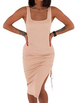 YBENLOVER Damen Sexy Kleid Sommer Bodycon Partykleid ärmellos Midikleid Mit Kordelzug Abendkleid Freizeitkleid (XL, Khaki) von YBENLOVER