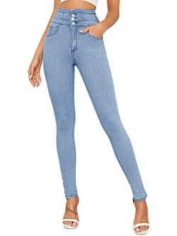 YBENLOVER Damen Skinny Jeans High Waist Deinm Jeggings Knopfleiste Stretch Hose mit Taschen Pants Legging (XS/04, Hellblau) von YBENLOVER