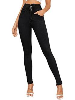 YBENLOVER Damen Skinny Jeans High Waist Deinm Jeggings Knopfleiste Stretch Hose mit Taschen Pants Legging (XS/04, Schwarz) von YBENLOVER