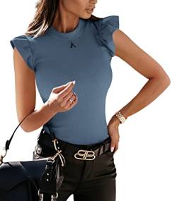 YBENLOVER Damen Tops Rundhals T-Shirt Sommer ärmellose Oberteile Elegant Tanks Bluse (L, Blau) von YBENLOVER