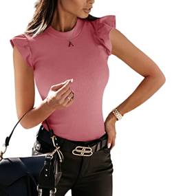 YBENLOVER Damen Tops Rundhals T-Shirt Sommer ärmellose Oberteile Elegant Tanks Bluse (XXL, Rosa) von YBENLOVER