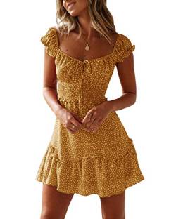 Ybenlover Damen Blumen Sommerkleid High Waist Volant Kleid Vintage Minikleid Strandkleid, Gelb, S von YBENLOVER