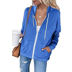 YEBIRAL Damen Sweatjacke Zip Hoodie Kapuzenjacke Langarm Pullover Oberteile Kapuzenpullover Mode Casual Sweatshirt Jacke mit Kapuze Taschen(XXL,Blau) von YBIRAL