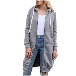 YEBIRAL Hoodie Damen Herbst Winter Lange Kapuzenpullover Sweatjacke Langarm Pullover Lässig Mantel Jacke Sweatshirt Oversize Coat Outwear Kapuzenjacke(L,H-Grau) von YBIRAL