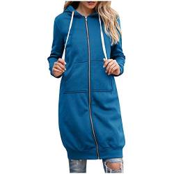 YEBIRAL Hoodie Damen Herbst Winter Lange Kapuzenpullover Sweatjacke Langarm Pullover Lässig Mantel Jacke Sweatshirt Oversize Coat Outwear Kapuzenjacke(M,I- Blau) von YBIRAL
