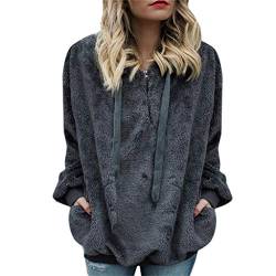 YEBIRAL Jacke Damen Kapuzenpullover Hoodie Winter Lose Warm Teddy-Fleece Pullover Oberteil Langarm Einfarbig Casual Sweatshirt Große Größen S-5XL(5XL,Dunkelgrau) von YBIRAL