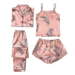 YCBMINGCAN 4-teiliges Damen-Pyjama-Set aus Satin und Seide mit Langen Ärmeln und Knopfleiste Satin Shorts Damen (Orange-A, M) von YCBMINGCAN