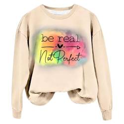 YCBMINGCAN Be Real Not Perfect Kunstdruckmuster Lässiges Sweatshirt Lässiges Sweatshirt Hoodie Bedrucktes Rundhalsshirt Damen Pullover Sweatshirt Katzen Pulli (Beige, M) von YCBMINGCAN