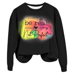 YCBMINGCAN Be Real Not Perfect Kunstdruckmuster Lässiges Sweatshirt Lässiges Sweatshirt Hoodie Bedrucktes Rundhalsshirt Damen Pullover Sweatshirt Katzen Pulli (Black, M) von YCBMINGCAN