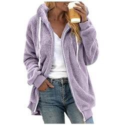 YCBMINGCAN Damen-Pullover in Übergröße, einfarbig, Kapuzenpullover, Warmer Woll-Plüschmantel, Reißverschluss-Oberteil Fleecejacke Damen Mit (Purple-d, XXXL) von YCBMINGCAN