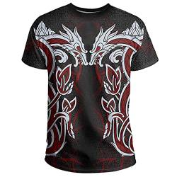 Herren 3D-Print O-Neck T-Shirt, Unisex Nordic Viking Mythologie Thors Hammer Kurzarm, Sommer Tattoo Casual Streetwear Kurzarm Tops,Dragon,5XL von YCYR