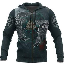 Unisex 3D-Gedruckter Tattoo-Hoodie, Nordische Wikinger-Mythologie Valknut Skull Kurzarm, Harajuku Streetwear Lässiges Langarm-Pullover-Sweatshirt,Zipper,4XL von YCYR