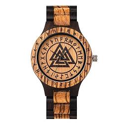 YCYR Handgemachte Holzuhr, Nordische Wikinger Valknut Rune Symbol Quarzuhren, Herren Vintage Verstellbare Armbandkette Schmuck Geschenk von YCYR