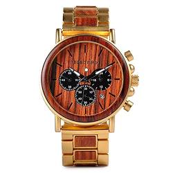 YCYR Herren Herrenuhren, Handgefertigte Vintage Ebony und Edelstahl Kombinieren Chronograph Business Casual Uhr mit Holzbox,Gold von YCYR