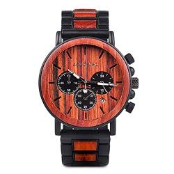 YCYR Herren Herrenuhren, Handgefertigte Vintage Ebony und Edelstahl Kombinieren Chronograph Business Casual Uhr mit Holzbox,Rot von YCYR