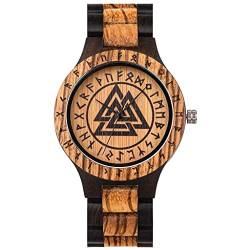 YCYR Herren Wikinger Bambus Holzuhr, Nordische Mythologie Rune Doppelte Farbabstimmung Vintage Handgemachte Quarzuhren Schmuck Geschenk mit Einstellbar Gurt,Valknut von YCYR