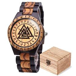 YCYR Herren Wikinger Uhren, Nordische Mythologie Valknut Rune Symbol Quarzuhr, Handgefertigte Vintage Verstellbare Holzarmband Geschenk von YCYR